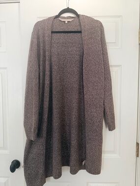 Open-Front Long Knit Cardigan in Brown Heather